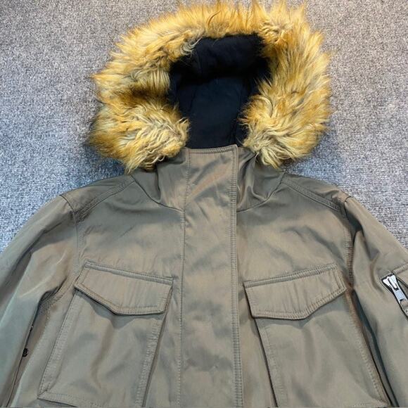 S13 Eskimo Parka Faux Fur Trim Hooded Jacket Army Green Overcoat Womens Medium - Picture 2 of 9